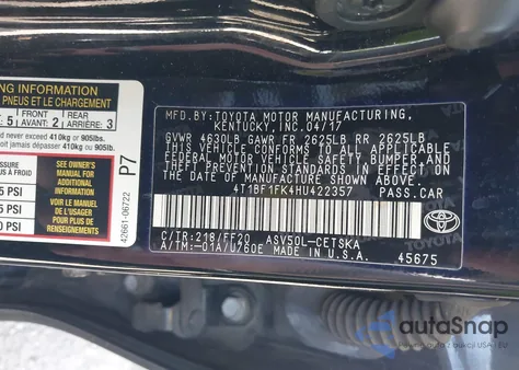 2017 Toyota Camry Se из США, поврежденный, VIN 4T1BF1FK4HU422357